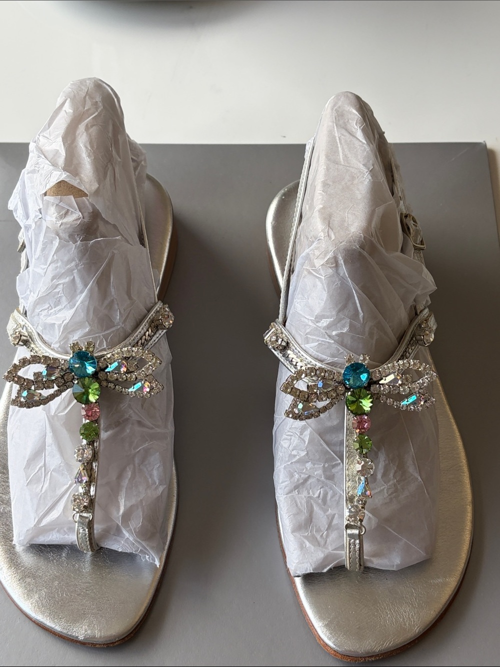 Schettino di Capri Silver T-Strap Sandals with Multicolor Crystal Dragonfly